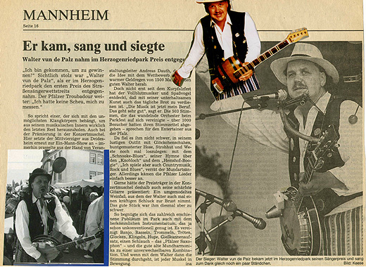 Straßensängerwettbewerb: Er kam sang und siegte Zeitungsartikel Rheinpfalz Zeitung, Mannheim