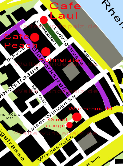 Karte von Ludwigshafen mit dem Cafe Laul, Peach, Hofmeister, der Orient Lounge und dem Wochenmarkt