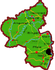 Ludwigshafen am Rhein, Übersicht-Karte. Der schwarze Punkt auf meiner Landkarte von Rheinland-Pfalz, da liegt Ludwigshafen am Rhein.