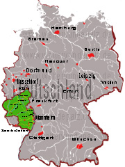 Deutschland Übersicht-Karte. Das Bundesland Rheinland-Pfalz ist mit grüner Farbe eingezeichnet. Die Interaktive Karte finden Sie auf dem Thema Deutschland