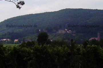 Neustadt an der Weinstraße und das Haardter Schloss sowie Kirche von der Ortschaft Haardt, der ein Stadtteil von Neustadt an der Weinstraße ist und unterhalb der Haardt vom Pfälzer Wald liegt.