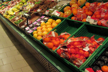 Obst, 1 Kilogramm Mandarinen für 1,69 Euro und Crapefruit 1 Stück für 0,79 Euro um Verkauf in einem Supermarkt in Deutschland in der Obsttheke angerichtet und mit Preisen vom Februar 2014 versehen.