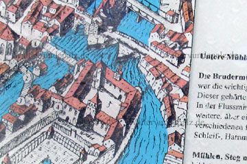 Untere Mühlen so heißt dieser Stadtteil aus dem Mittelalter in Bamberg in Deutschland, Bayern, Oberfranken, diesen historischen Stadtplan habe ich bei meiner Stadbesichtigung fotografiert damit ich das daheim nachvollziehen kann.